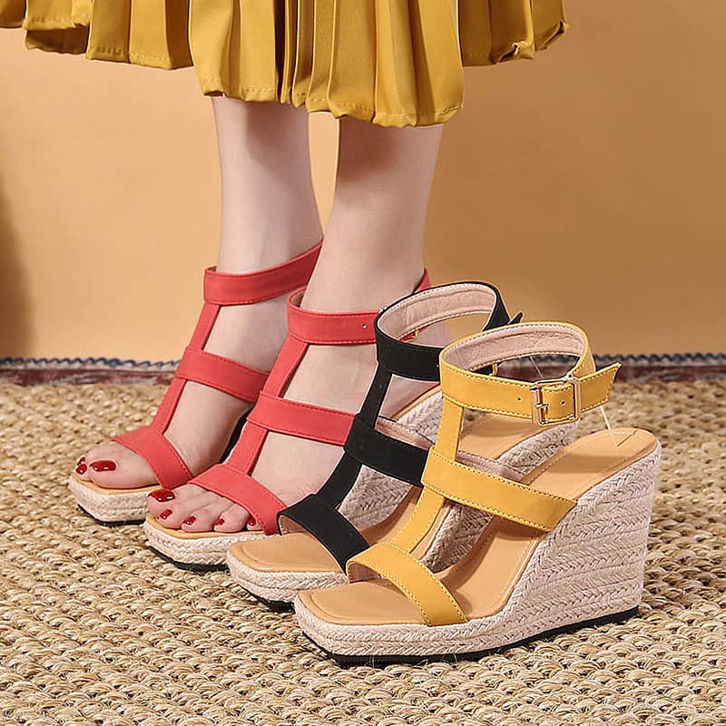 Women's Shoes New Summer Wedge Thick Soled High Heeled One Strap Sandals With Buckles Rope And Straw Woven Sole Large Size Shoes