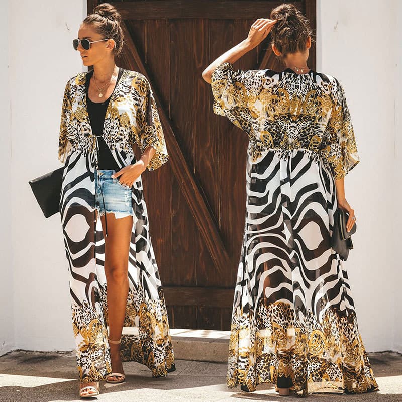 Flowy Chiffon Beach Cover-Up – Long Boho Kimono With Print (One Size) – Lightweight & Stylish For Swimwear