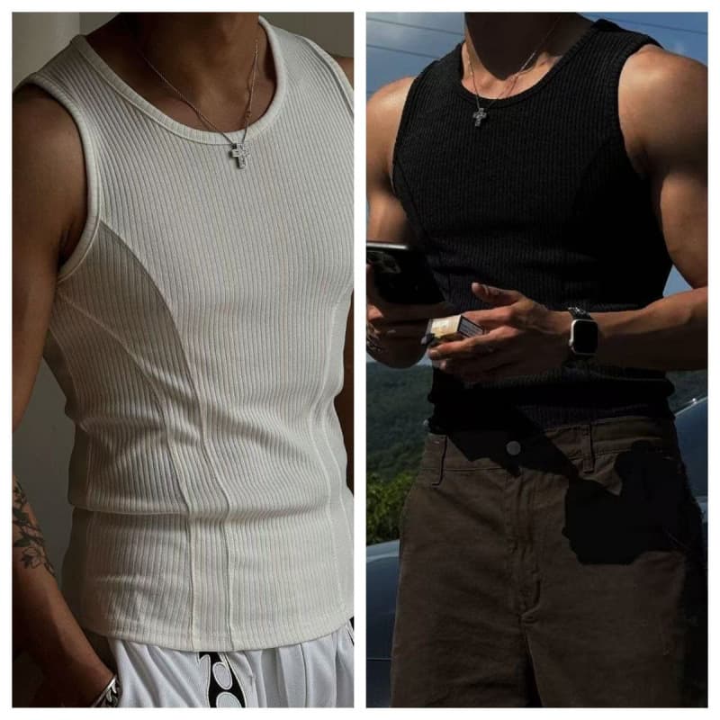 Men's Clothing Thread Slim Vest Ribbed Slim Fit Sleeveless Undershirt - Athletic Training Muscle Tee For Gym Casual Wear (White, Black, White+Black)