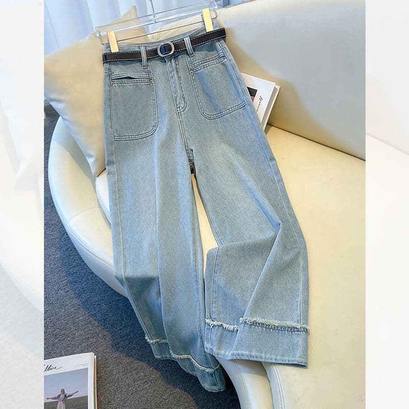 Women’s Clothing High Waist Wide Leg Jeans Women's Summer Thin New Drape Raw Edge Loose Retro Nine Point Pants Straight Pants