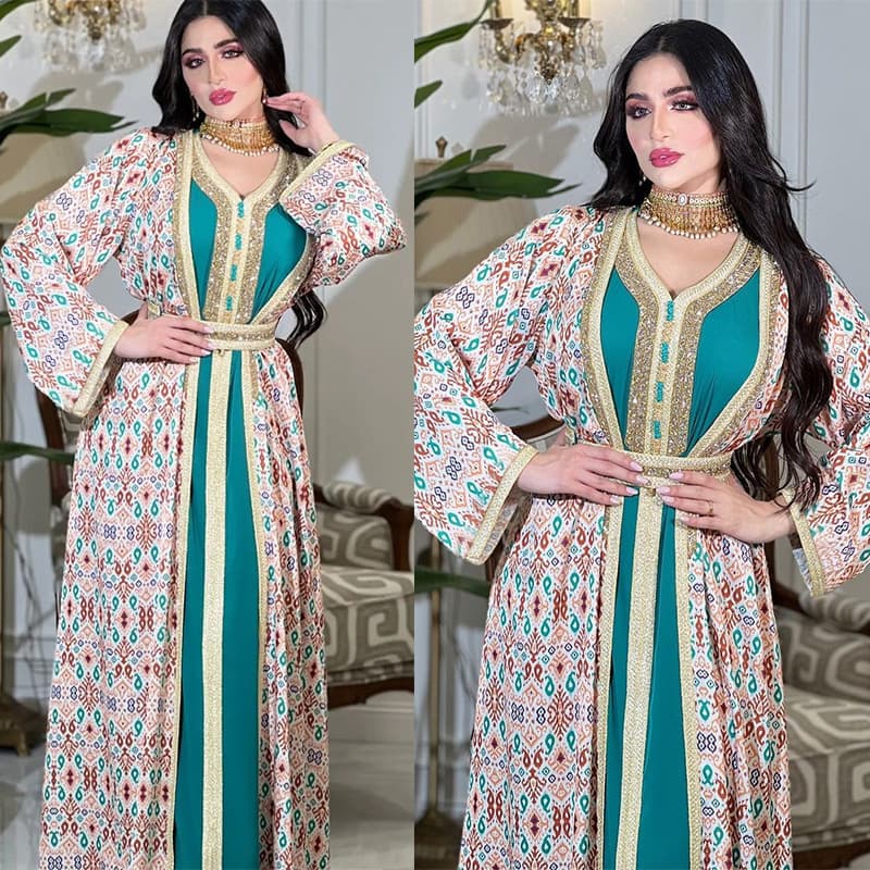 Elegant Embellished Muslim Abaya Dress Set For Women - Long Sleeve Flowing Maxi Dress With Crystal Rhinestones, Lightweight & Breathable, S-Xxl