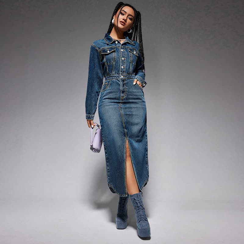 Women's Clothing Lapel Button Long Sleeve Slit New Denim Long Dress