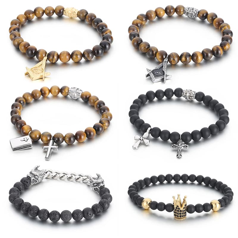 Men's Jewelry Black Agate Beads Micro Inlaid Zircon Crown Bracelet Masonic Cross Tiger Eye Stone Men's Beaded Bracelet