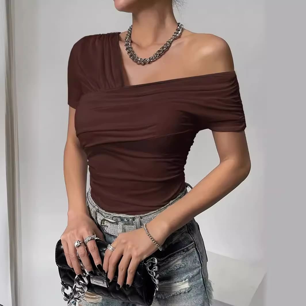 Women's Clothing Cold Shoulder Pleated T Shirt Sexy Short Sleeve Slim Fit Asymmetric Top Female Elegant Fashion