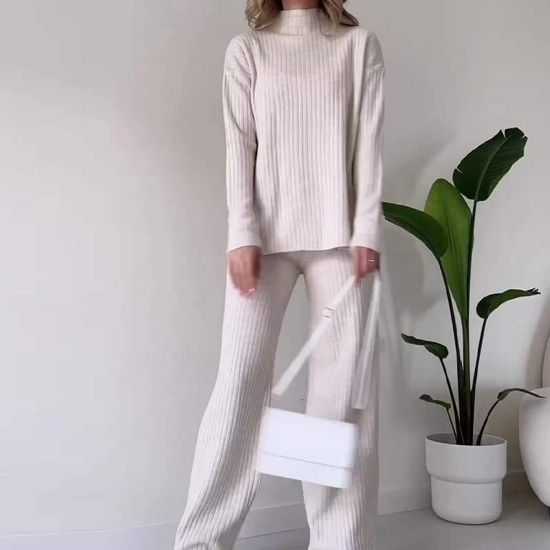 Women's Fashion Solid Color Casual Home Turtleneck Top With Wide Leg Trouser Suit