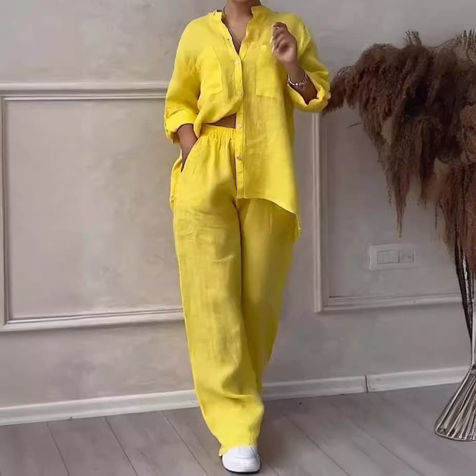 Women's Clothing Casual Cotton And Linen Solid Color Shirt Drawstring Wide Leg Pants Suit