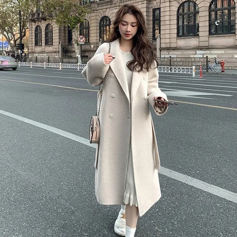 Women's Oversized Wool Blend Trench Coat With Double Breasted Design, Mid-Length Casual Elegant Coat For Autumn Winter, Slim Fit For Petite Women