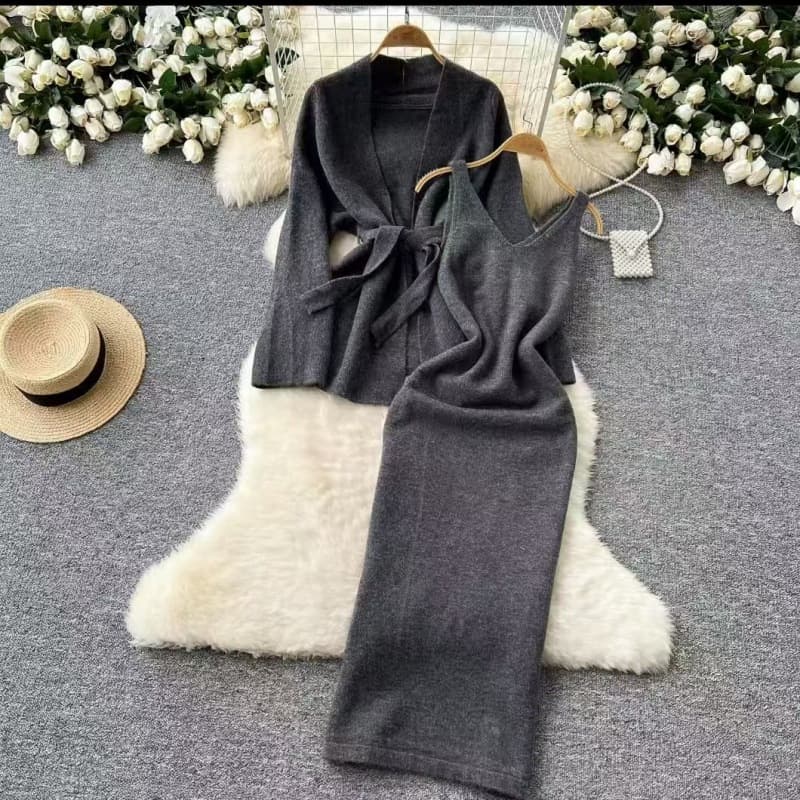 Lazy Luxe Knit Set – Oversized Cable Sweater & Slip Dress Duo In V-Neck & Relaxed Fit (3 Neutral Shades)
