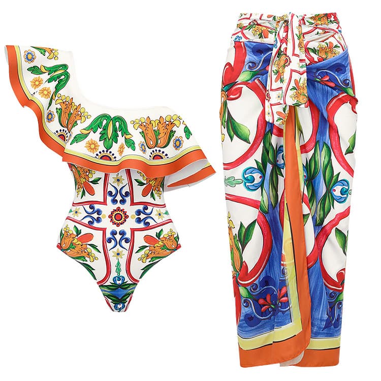 Women's One-Shoulder Ruffled Swimsuit - Enamel Printed One-Piece Beachwear, European & American Style