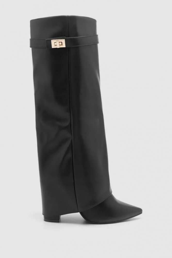 Bottes hautes à bout pointu pour femmes, avec boucles métalliques, talons épais, bottes d'hiver montantes jusqu'aux genoux en cuir PU, talons épa