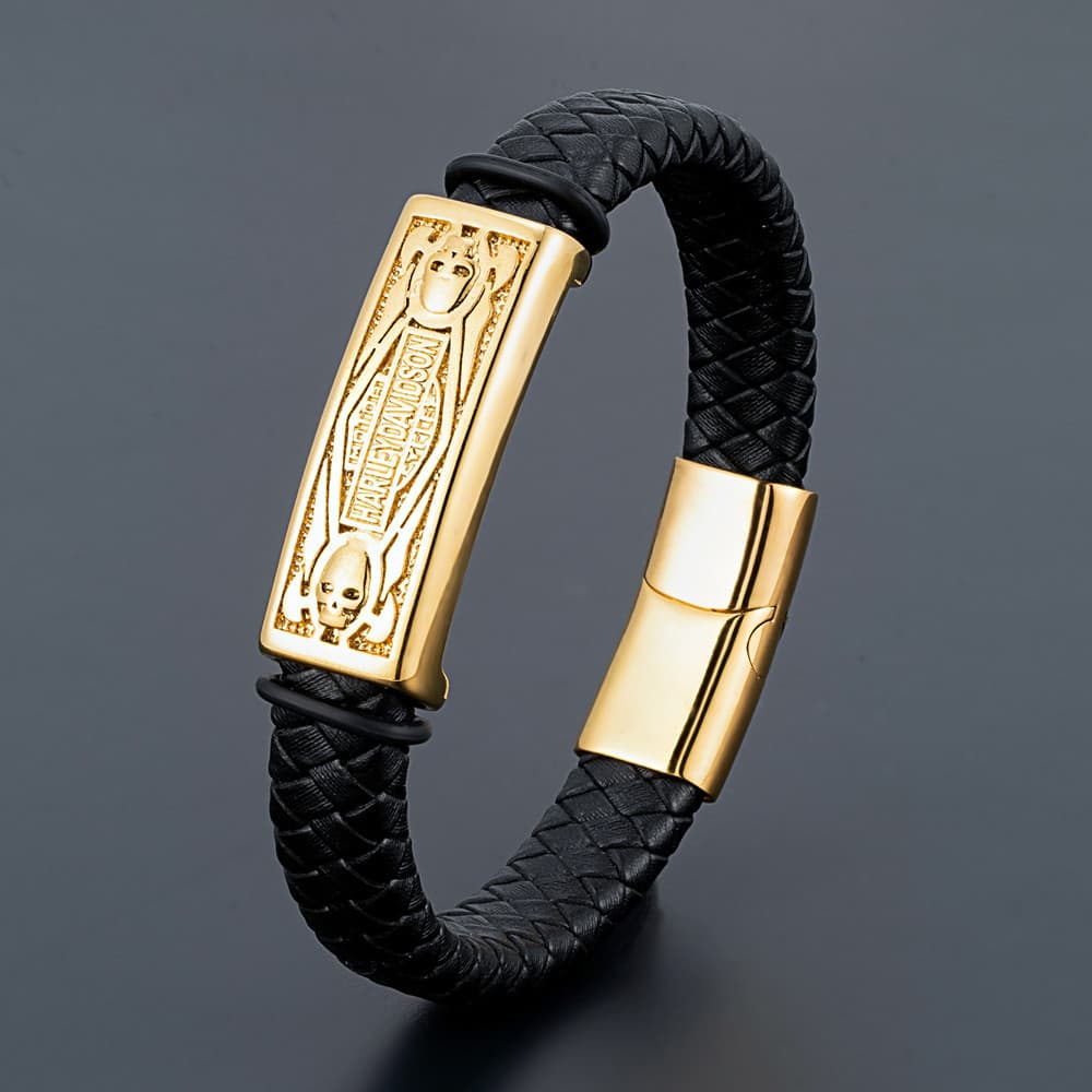 Hot selling skull shield woven genuine leather for men, fashionable, trendy, personalized stainless steel bracelet
