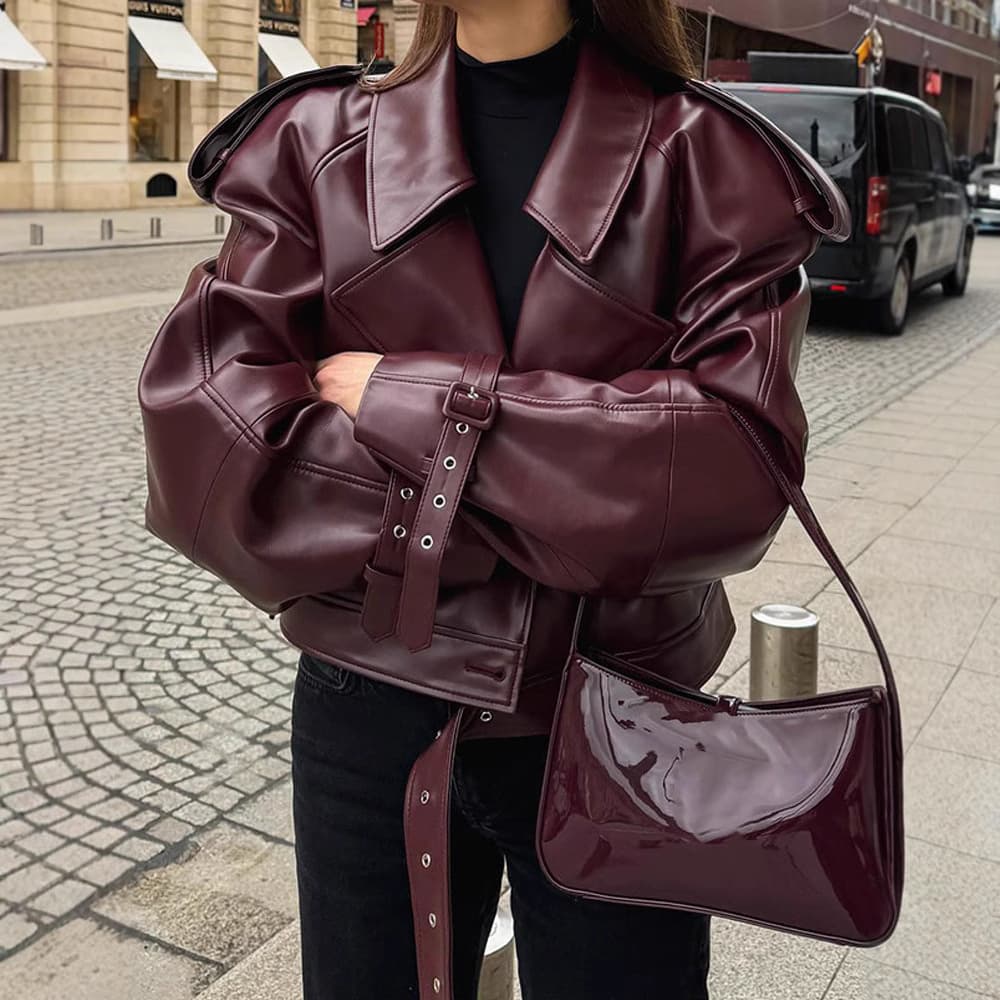 Women’s Vintage PU Leather Jacket – Adjustable Cuff & Belted Biker Style (S-L) – Wine Red Retro Motorcycle Coat