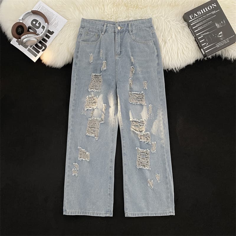 Men's Distressed Boyfriend Jeans – Oversized Streetwear Denim Pants With Ripped Details & Vintage Wash (Blue, Sizes S-3XL)