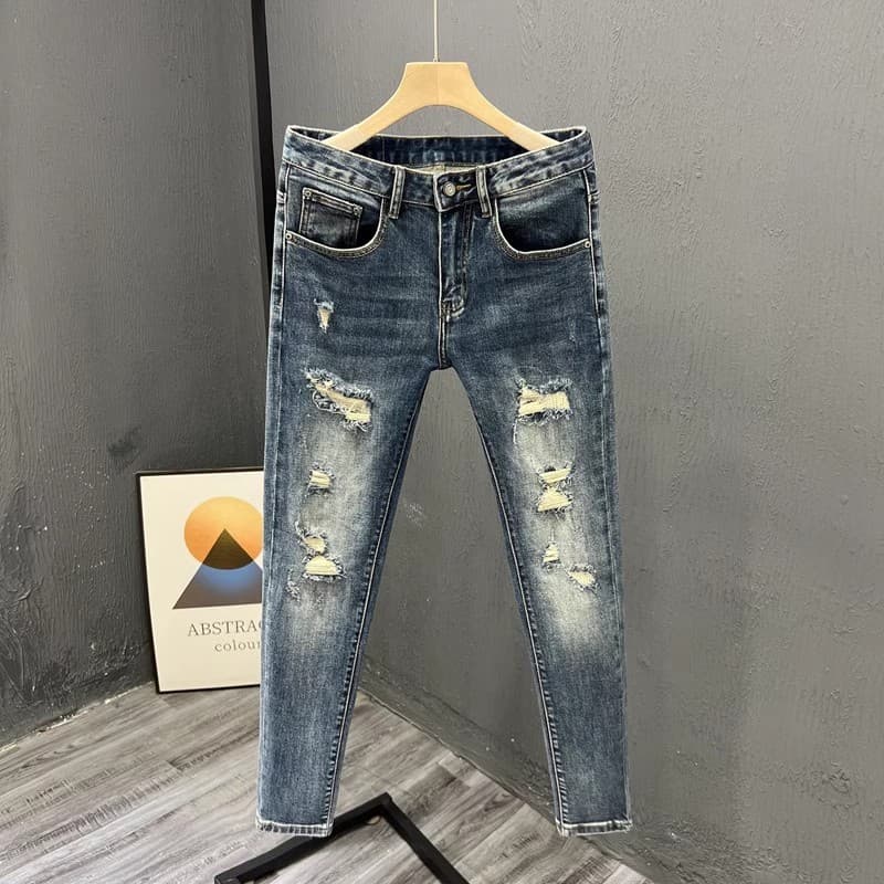 Men's Clothing Men's Trendy Ripped Cropped Jeans Lightweight Stretchy Slim Fit Versatile Spring Style Denim For Formal & Casual