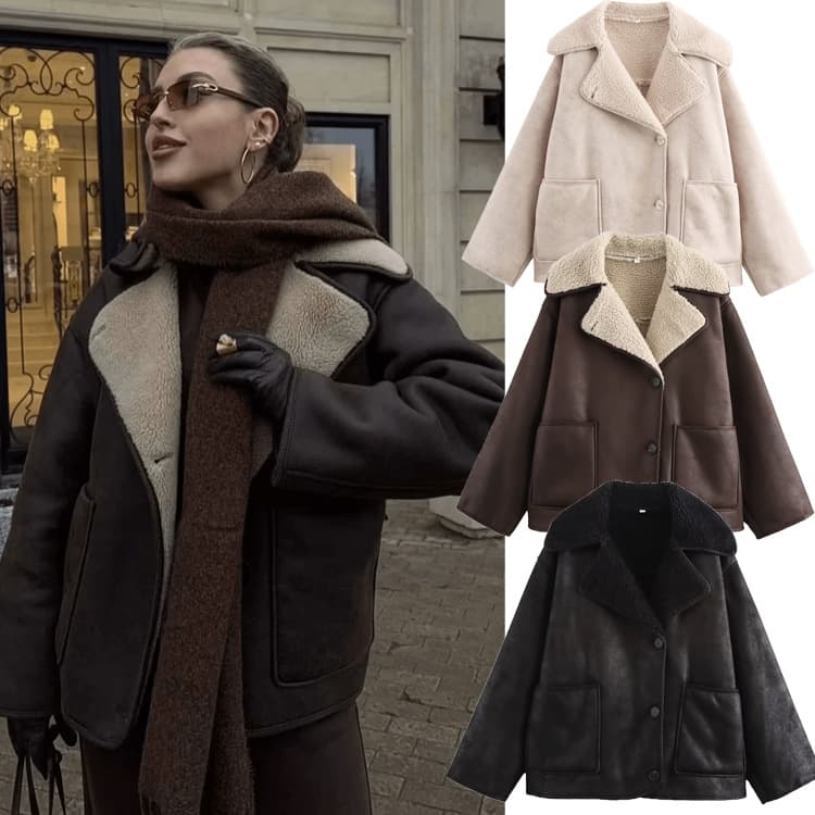 Women's Faux Fur Lined Reversible Stand Collar Long Sleeve Jacket - Winter Fashion Outerwear For Street Style (Black, Brown, Beige)