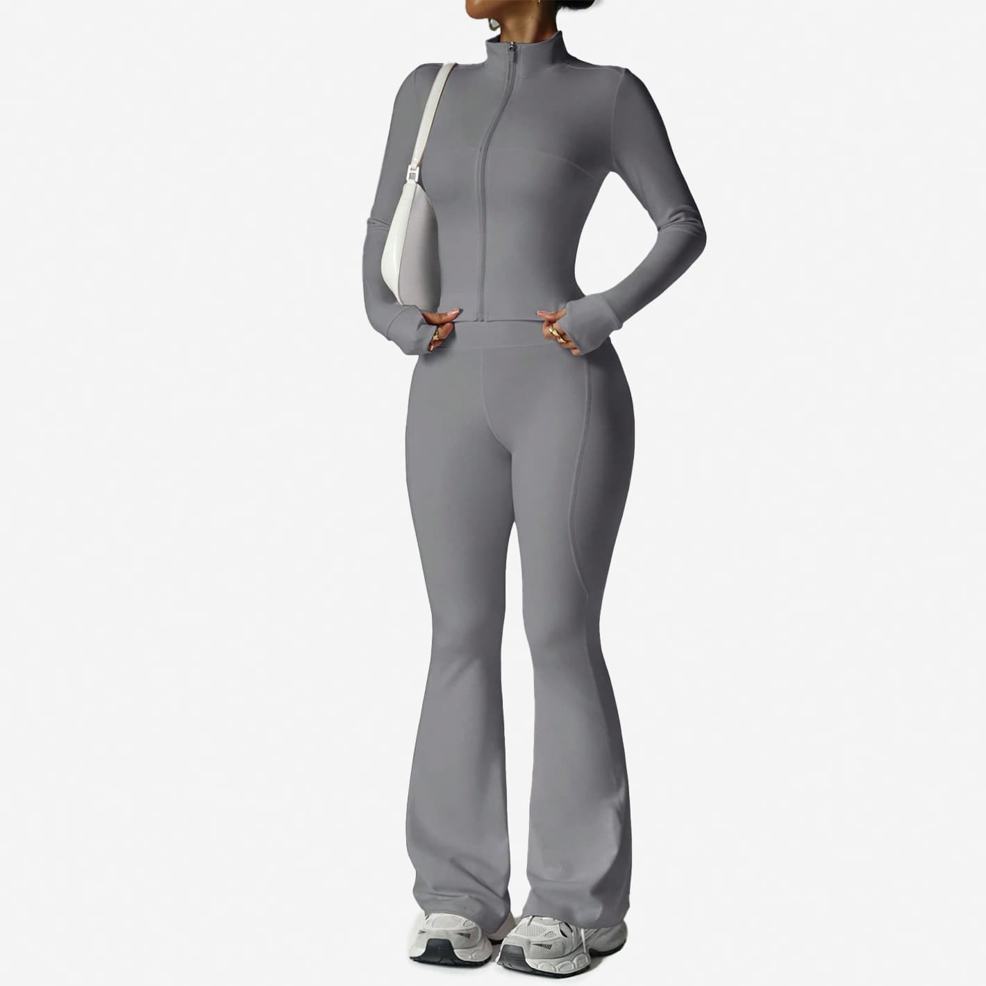 High-Waisted Yoga Set Tummy Control Workout Outfit with Thumbhole Design Flared Leggings Stand Collar Top for Pilates Breathable Women's Sportswear