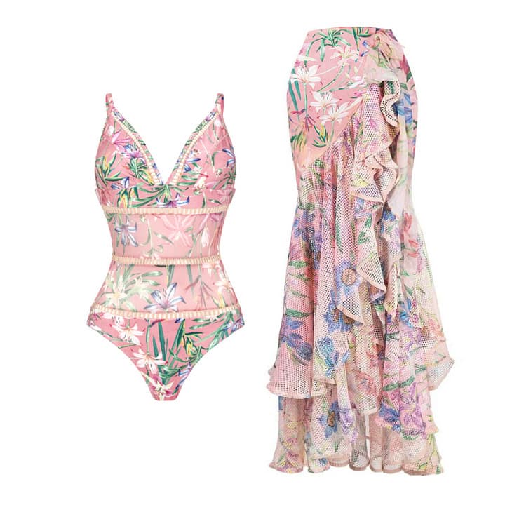 women's one-piece swimsuit V-neck mesh stitching printed swimsuit suit for women