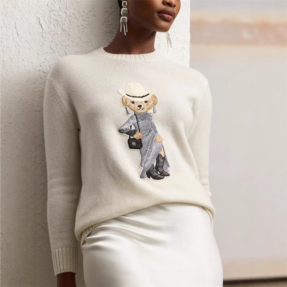 Cartoon Bear Sweater – Cozy Round Neck Pullover (S-L, Polyester Knit, Office-to-Weekend Stretch Comfort)
