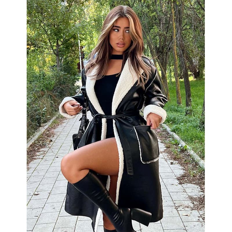 Women's Clothing Spring and Autumn Long Versatile Windbreaker Women's Leather Thickened Windbreaker INS Loose Fashionable Lapel Jacket