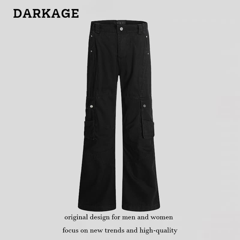 Youth Washed Cargo American Style Multi-Pocket Loose Straight Elastic Waist Long Pants Unisex