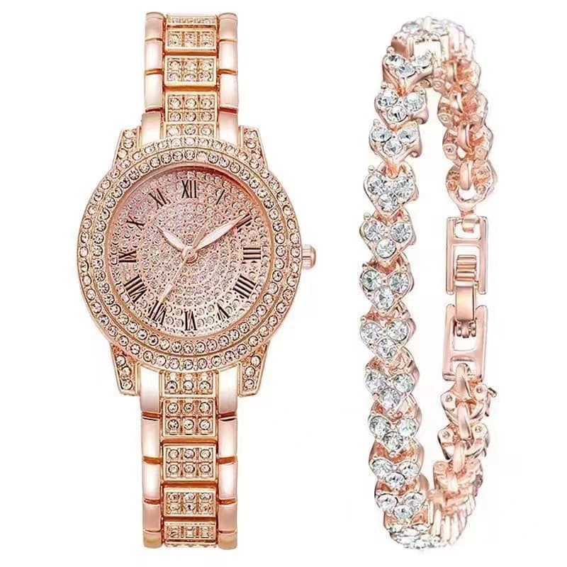 Full diamond Roman numeral steel watch for women full of stars temperament business quartz watch hip hop style full diamond bracelet set