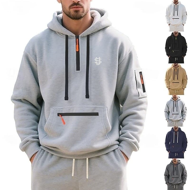 Men's Quarter-Zip Fleece Hoodie | Letter Embroidery Streetwear | Outdoor Sports Casual Pullover For Spring Autumn Winter