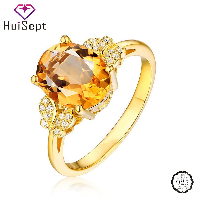 HuiSept Fashion Women Ring Sier Jewelry with Citrine Zircon Gemstone Gold Color Open Finge Rings for Wedding Party Gifts