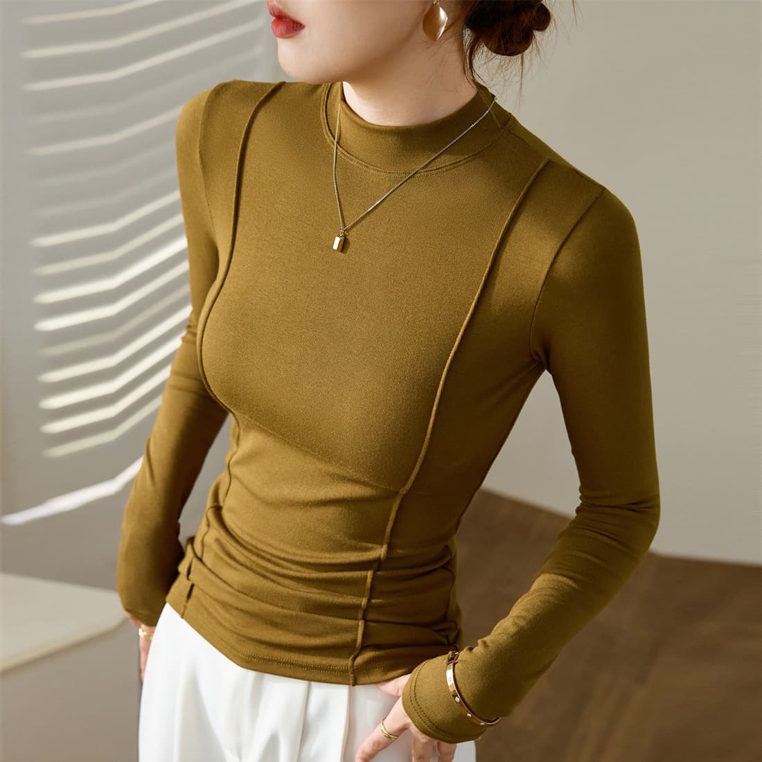 Women's Clothing Maillard high end design 2024 autumn and winter new half high collar T shirt women's long sleeved slim bottoming shirt top trend