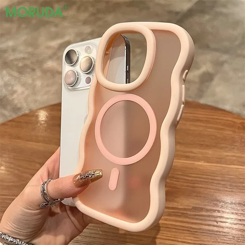 For Wave Frame Matte Magnetic Case For Iphone 12 13 14 15 Pro Max 16 Plus Wireless Charging Frosted Back Cover
