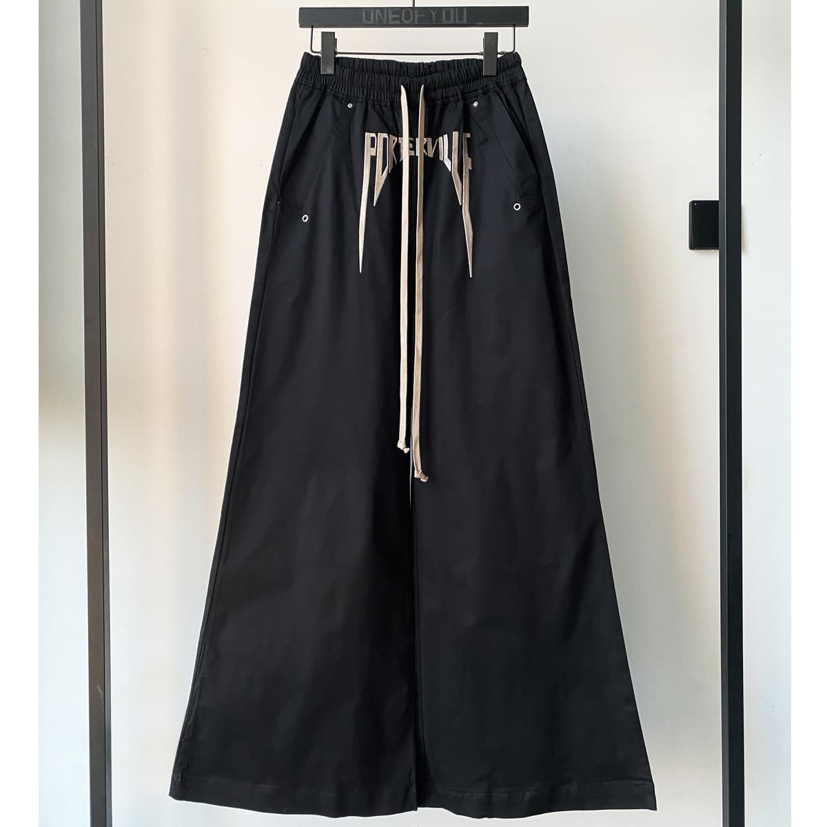 Men's Dark Blue Letter Slogan Embroidered Wide Leg Pants Loose Fit Floor Length Cargo Flare Trousers RO Style