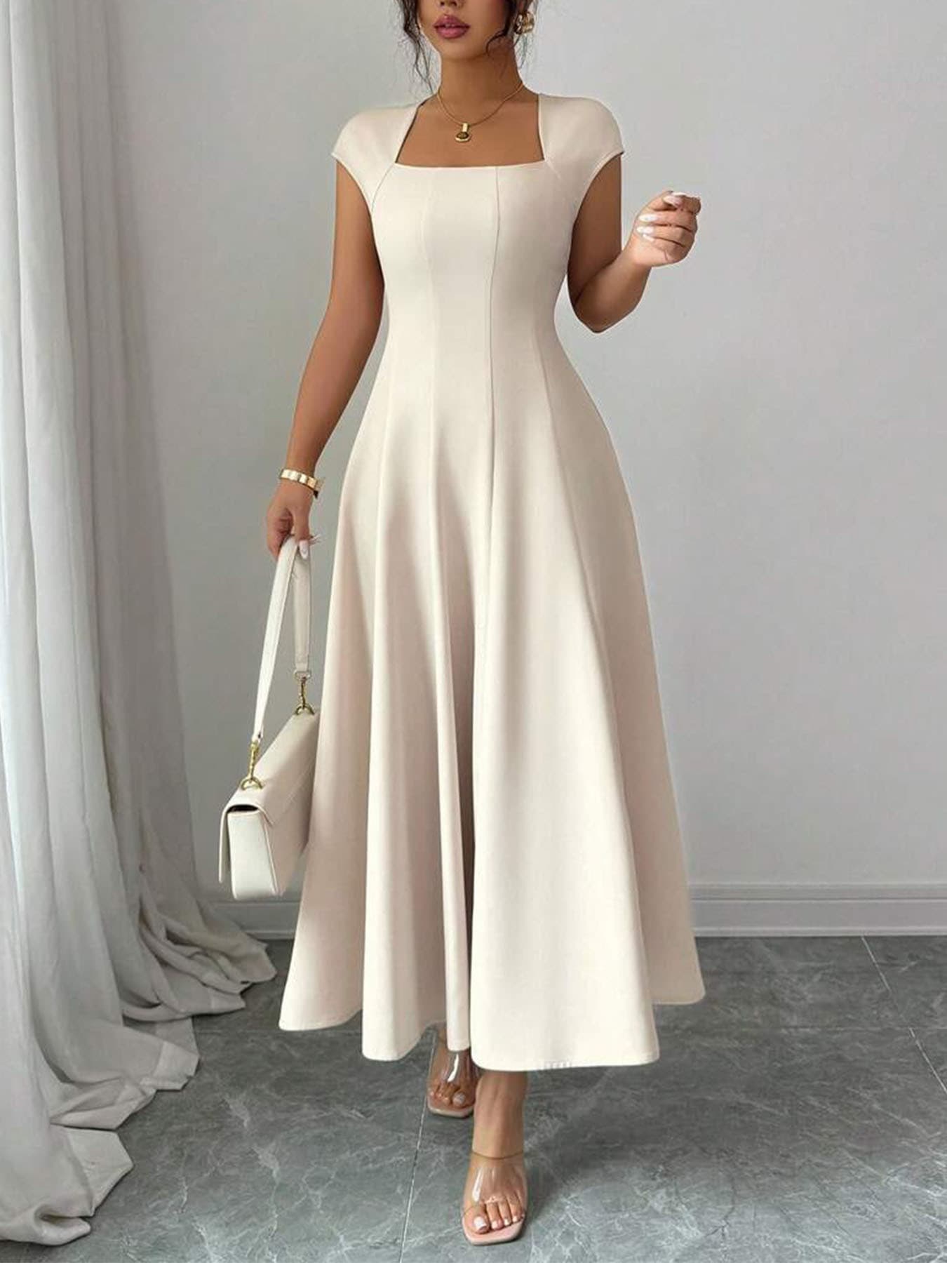 Robe longue élégante pour femme, col carré, manches courtes