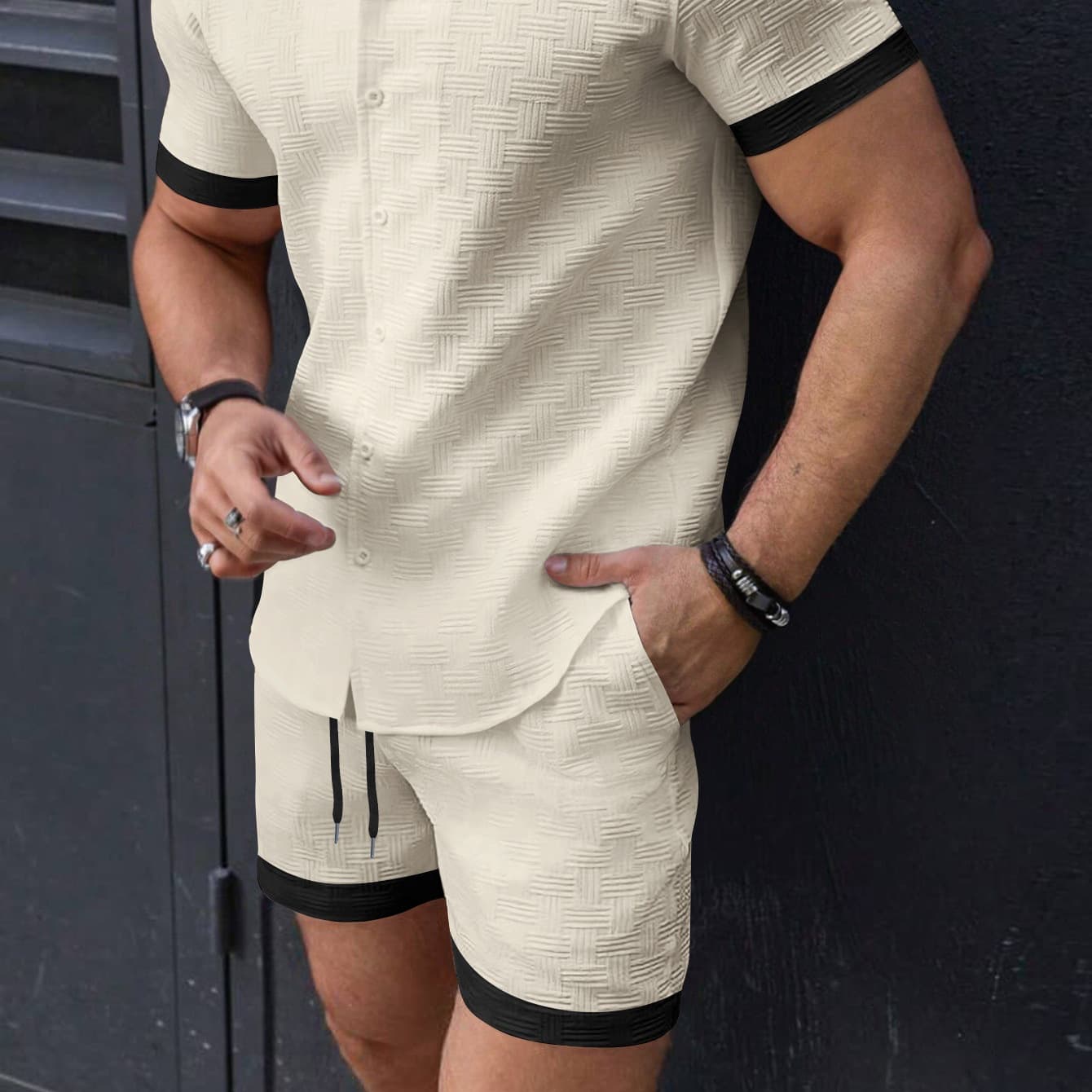 2025 New Shorts With Multiple Pockets And Drawstring For Men's Striped Beach Pants