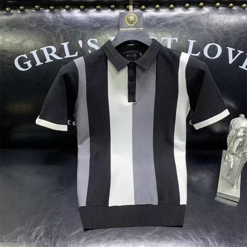 Men's Clothing short sleeved striped polo sweater thin breathable spring and summer half sleeved lapel T shirt bottoming shirt casual trend