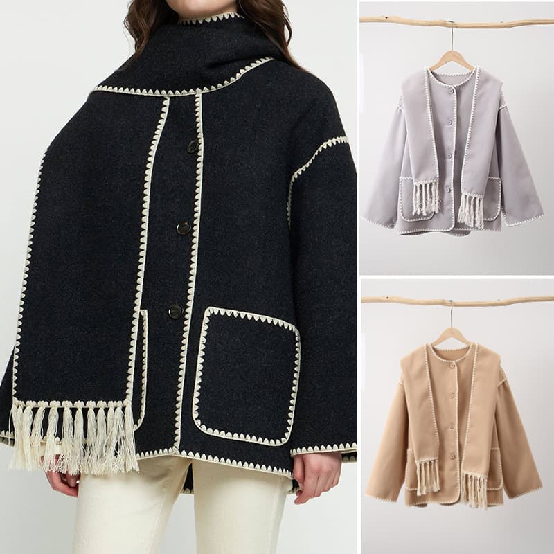 Women's Clothing autumn and winter new fashion women's woolen coat thickened loose jacket with scarf tassels for women