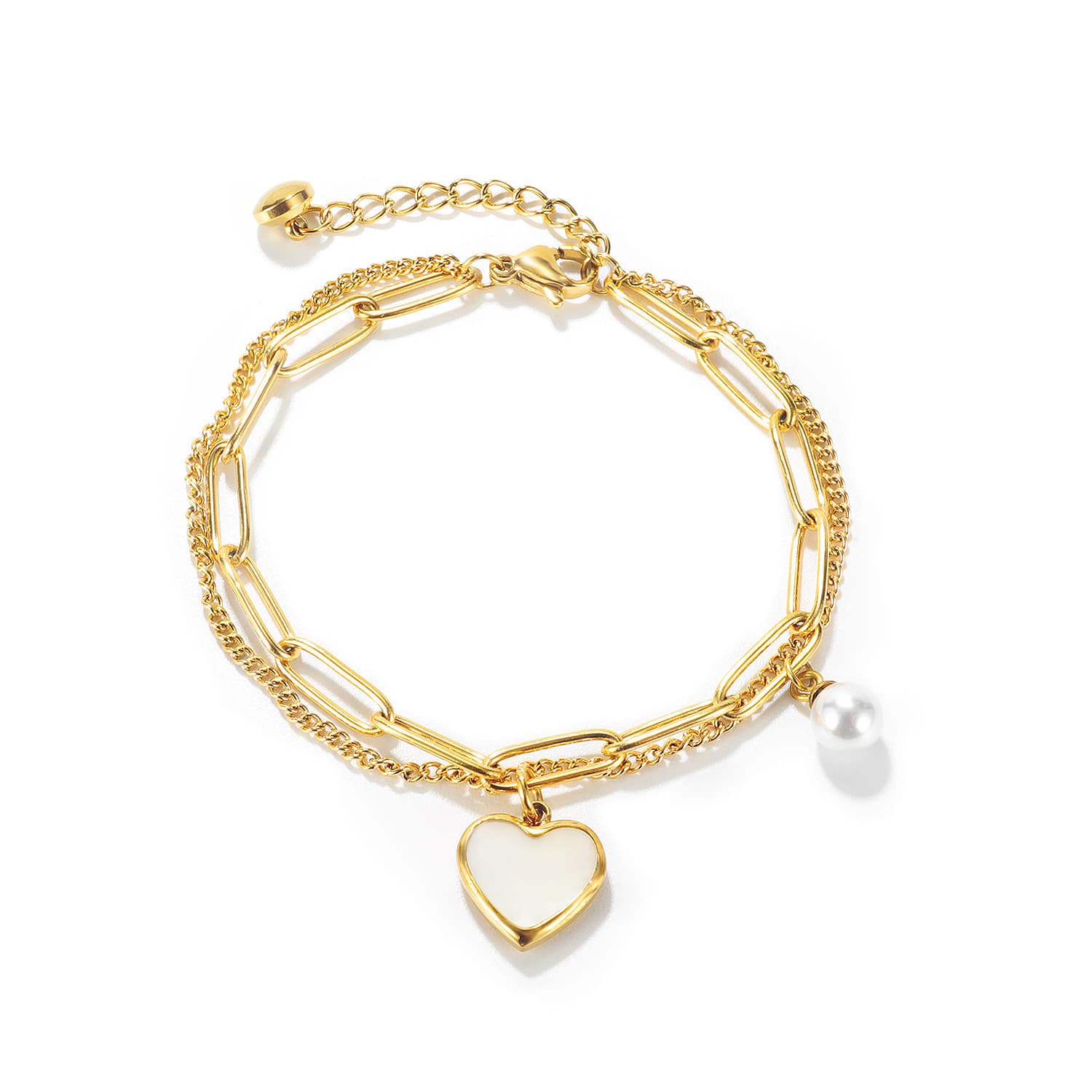 Women's Jewelry Fashion Niche Design Cold Style Personality Double Layer Temperament Versatile Peach Heart Pearl Stainless Steel Bracelet