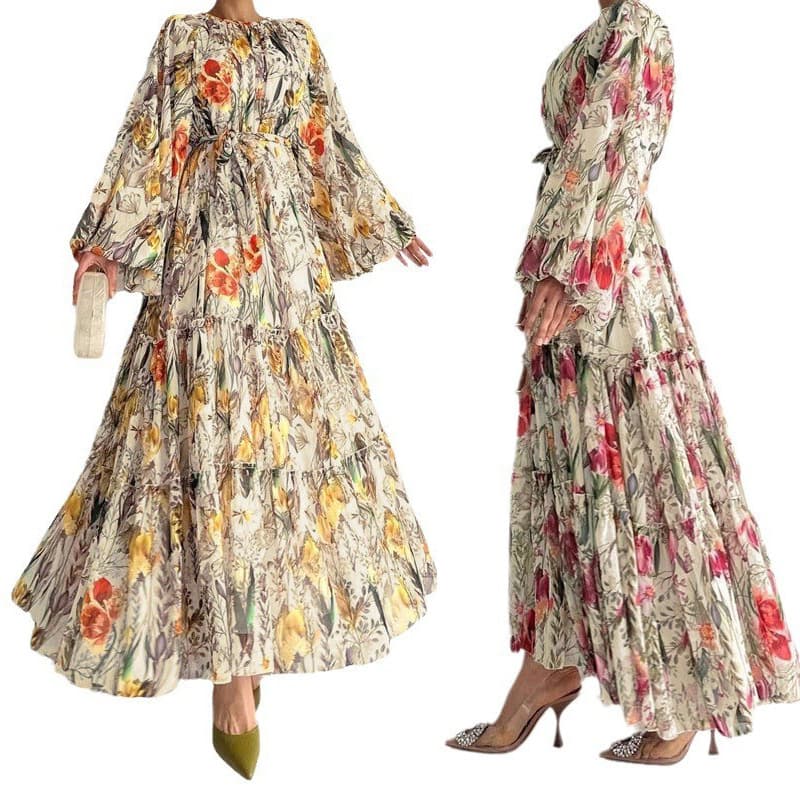 Women's Clothing Middle East Popular Flower Print Long Sleeve Fashionable Temperament Muslim Dress