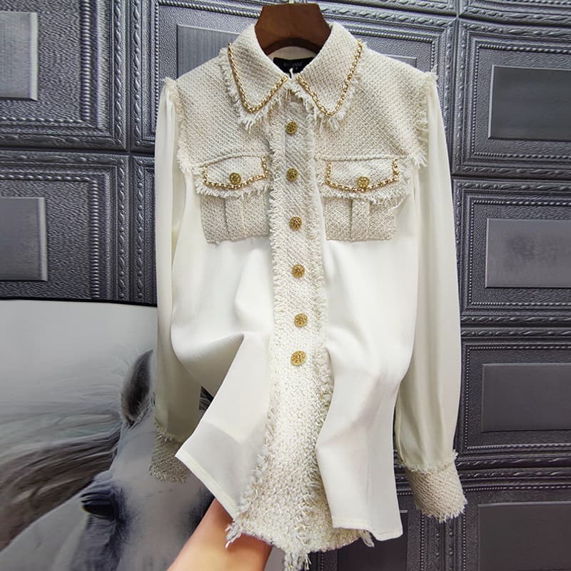 Women's Same Style Shirt Chain Gold Braided Tweed Jacket Splicing Top For Women