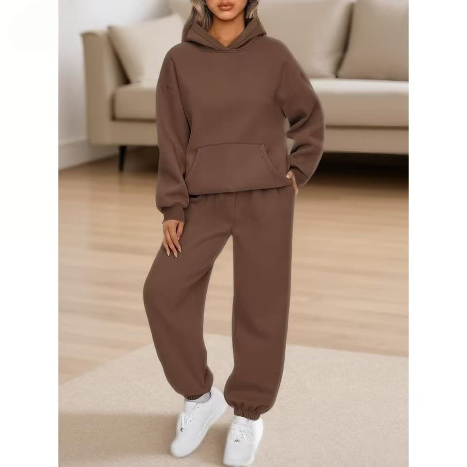 Women's Fleece Hoodie & Joggers Set – Short Sleeve Pullover With Drawstring Waist (Cozy Athleisure, Thermal Lined, Streetwear Minimalist)