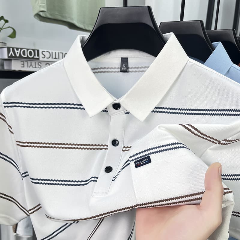 Men's Clothing Summer Casual Lapel Striped Real Pocket Short Sleeved Polo Shirt Middle Aged Men's Dad Wear Thin T Shirt Tops Men