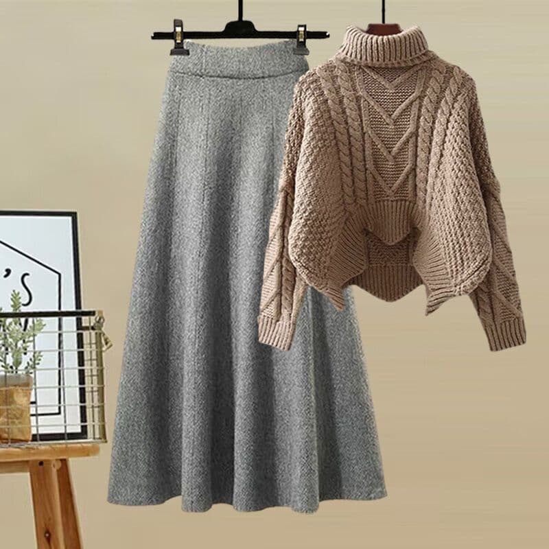 Ensemble deux pièces pour femme : pull à col roulé en maille et jupe amincissante. Collection automne-hiver.