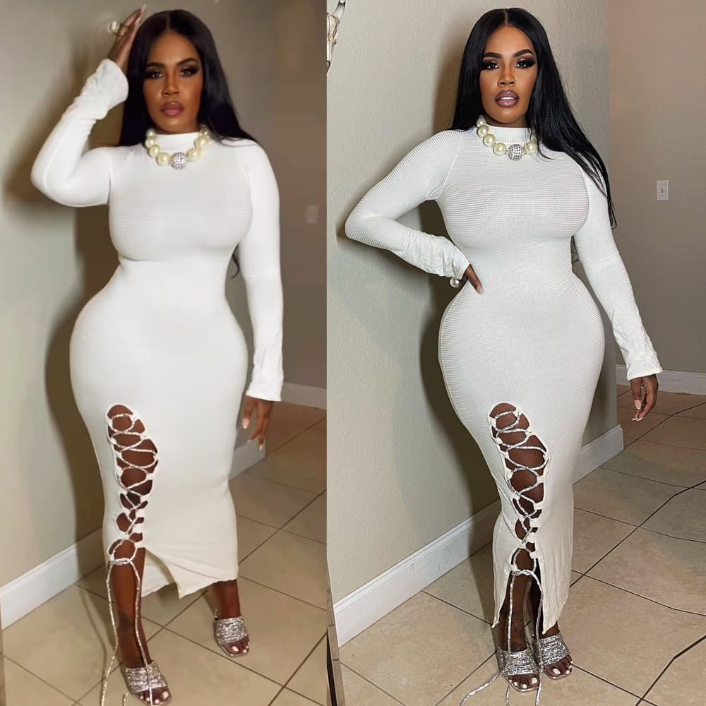 Women’s High-Neck Ribbed Long Sleeve Dress With Lace-Up Detail – Stretchy Polyester-Spandex Blend, Elegant ( & Evening Wear)