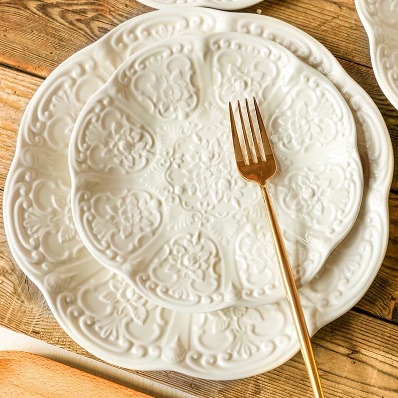 French-Style Embossed Ceramic Plate Set – Elegant Round Plain Dinnerware For Coffee, Tea & Hotel Dining (8" & 10" Options)
