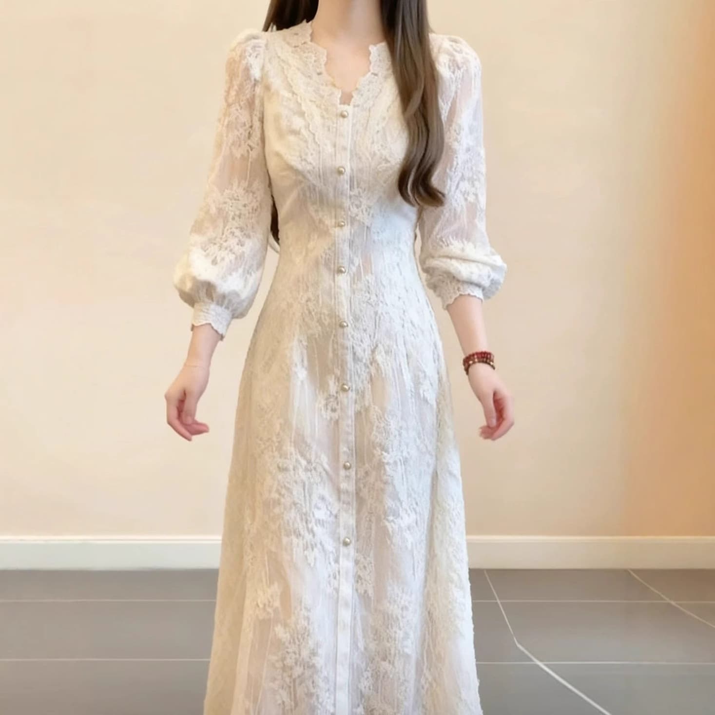 French-Inspired Lace V-Neck Maxi Dress – Elegant Long Sleeve Floral Embroidery A-Line Gown With Waist-Defining Fit (Beige, Fleece-Lined Beige)