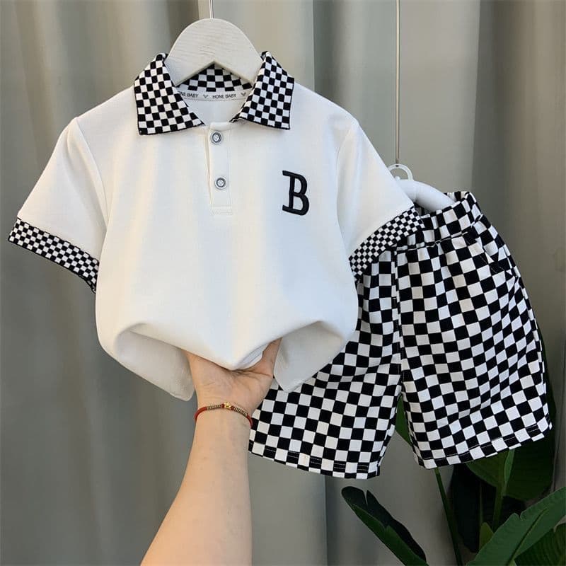 Spring New Children's Trendy Cool Polo Shirt Set Checkerboard Pattern, Stylish Summer Outfit With Black And White