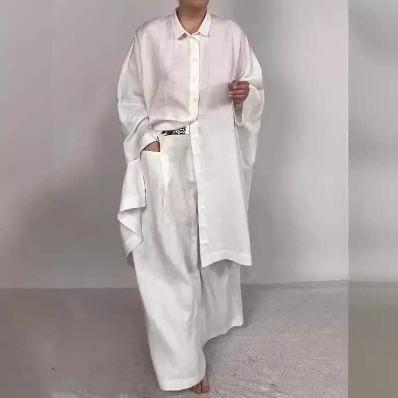 Women's Clothing Casual Loose Solid Color Shirt Suit Wide Leg Pants Two piece Set