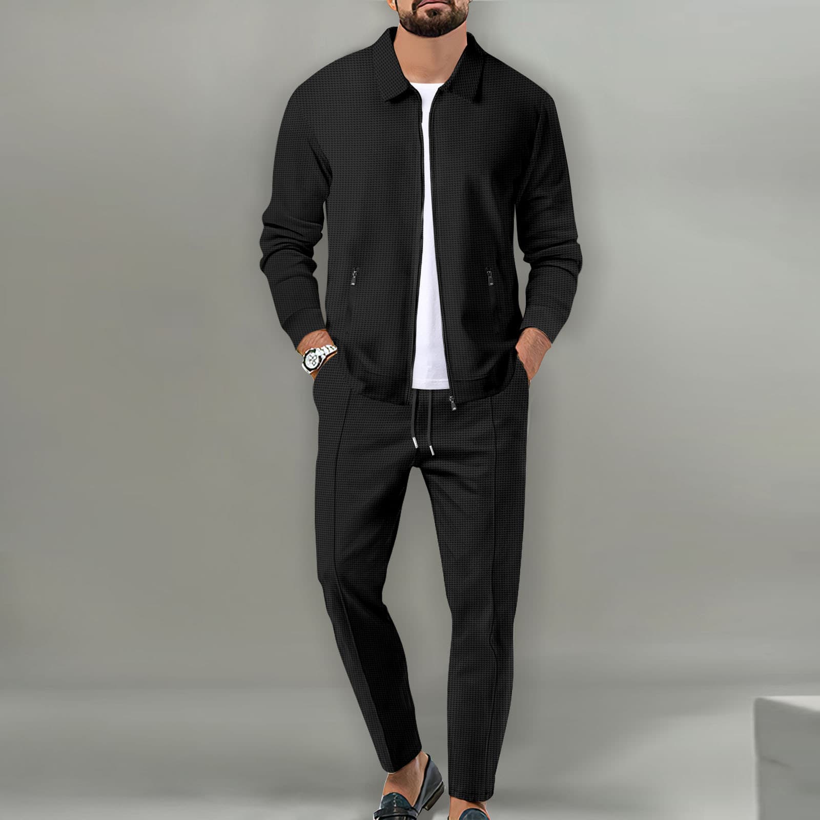 Men's Clothing Jacket Men Autumn Youth Waffle Zipper Pocket Lapel Slim Cardigan Men's Jacket Suit