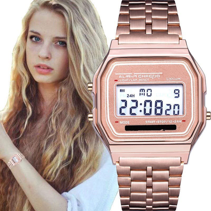 Steel Band Led Electronic Watch Ultra-thin Gold And Silver Cold Light Watch F91w Steel Band Harajuku Fashion Multifunctional Watch