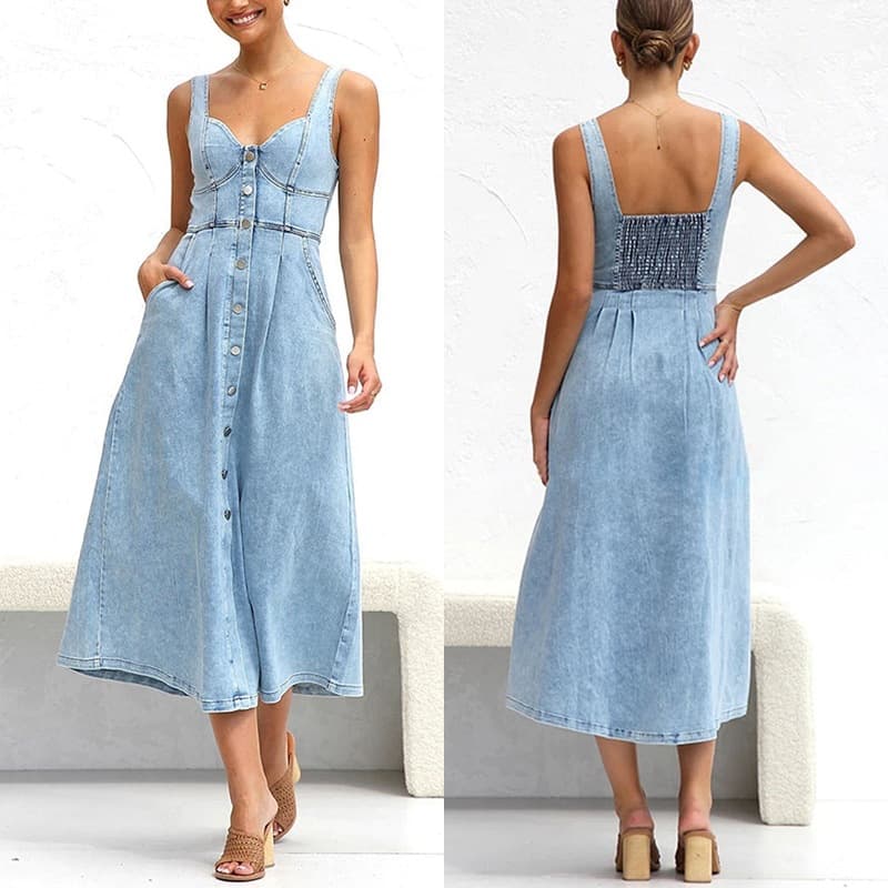 Women's Clothing Denim Suspenders Large Swing High Waist Sleeveless Low Collar Dress Women