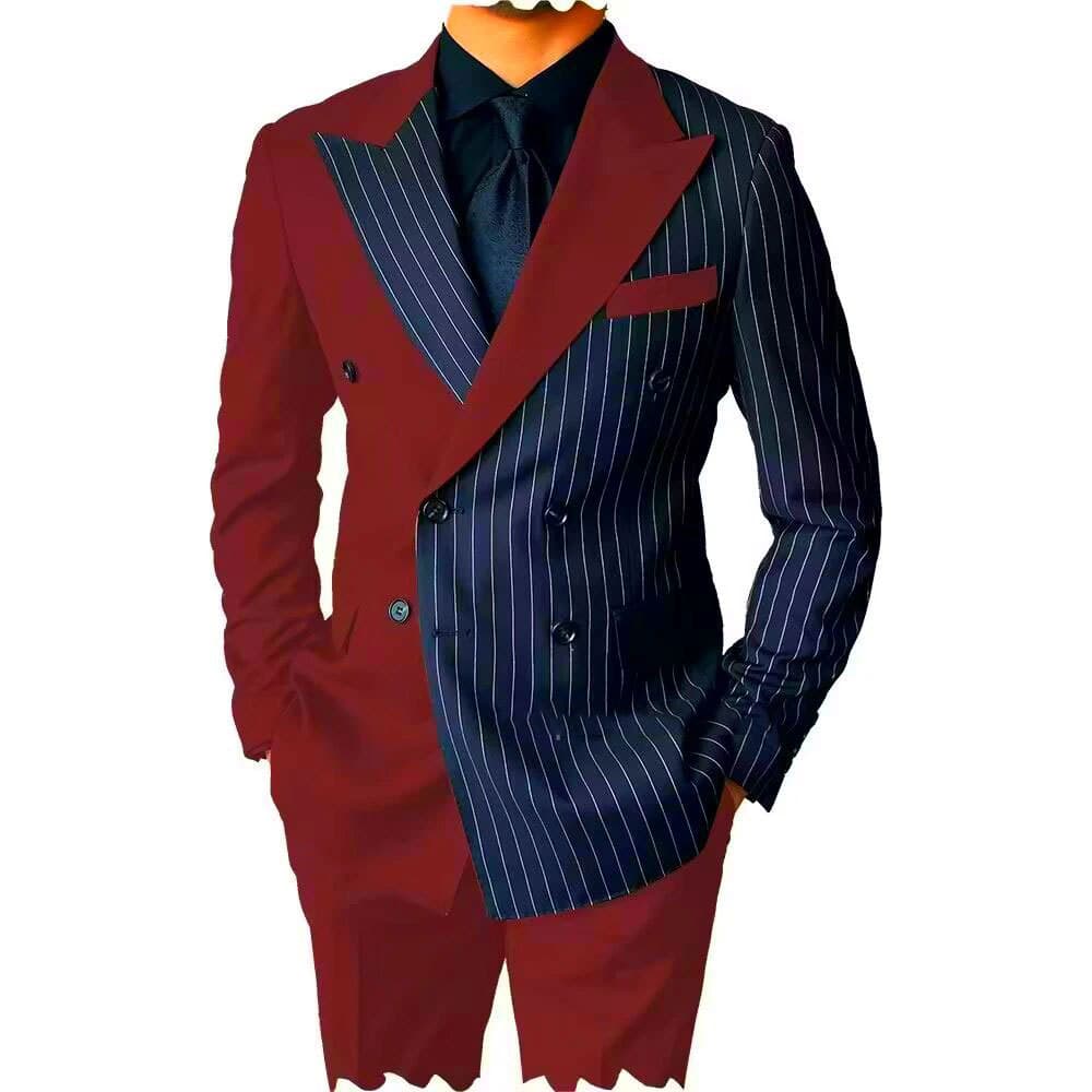 Men's Clothing Two Piece Suit Navy Blue Striped Color Matching Suit