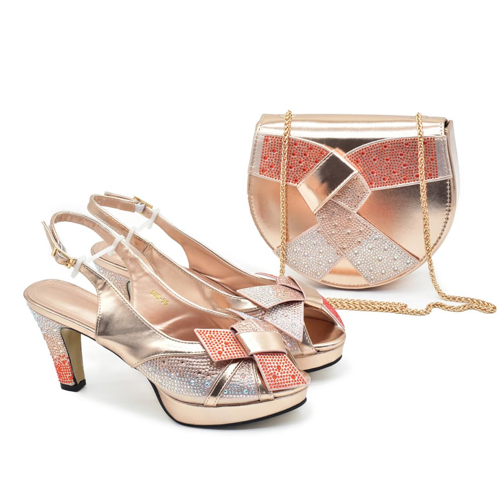 New Evening Party With High Heel Broken Diamond Round Head Fish Mouth Sandals With The Same Style Bag Set